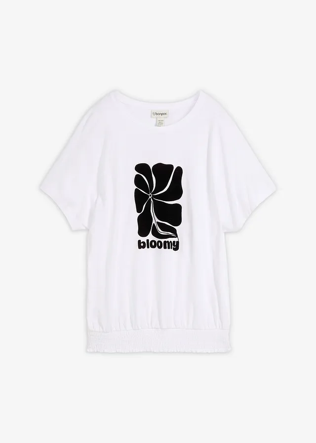 T-shirt en coton à base smockée, Couleur: blanc/noir imprimé