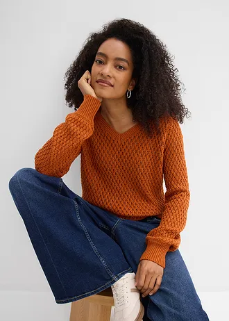 Pulover din material cu bumbac • maro/oranj • magazin bonprix