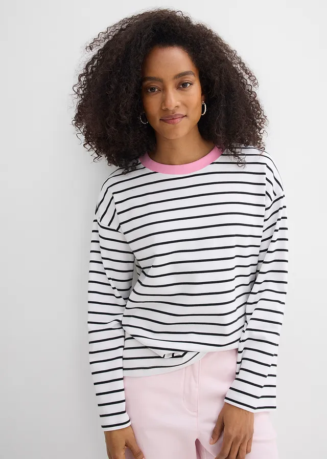 T-shirt manches longues 100% coton • blanc/noir/rose rayé • product-page.page-title-suffix