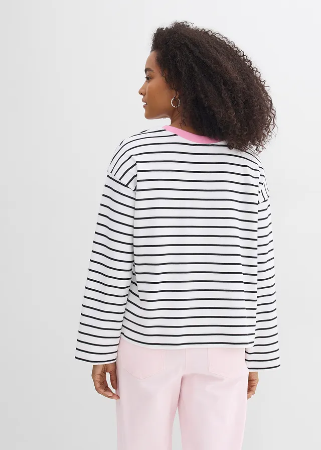 T-shirt manches longues 100% coton • blanc/noir/rose rayé • product-page.page-title-suffix