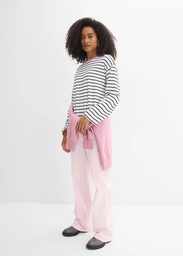 T-shirt manches longues 100% coton • blanc/noir/rose rayé • product-page.page-title-suffix