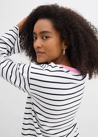 Bluză oversized cu mâneci lungi din bumbac organic 100% • alb-negru-roz dungat • magazin bonprix