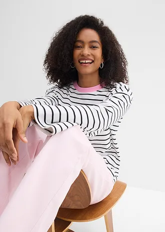 Bluză oversized cu mâneci lungi din bumbac organic 100% • alb-negru-roz dungat • magazin bonprix