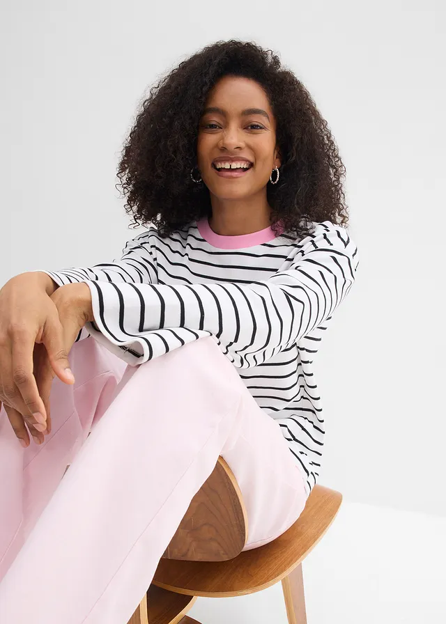 Longsleeve van biologisch katoen • wit-zwart-roze gestreept • product-page.page-title-suffix