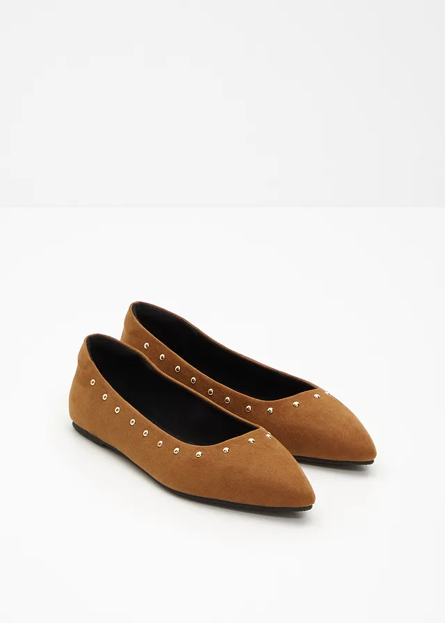 Ballerina's met studs, Kleur: cognac