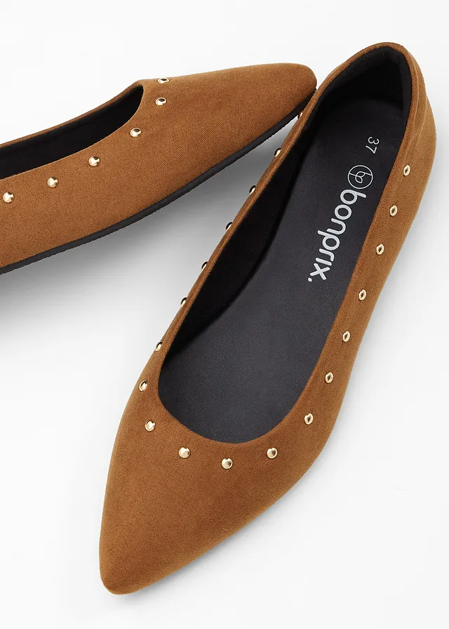 Ballerina's met studs, Kleur: cognac