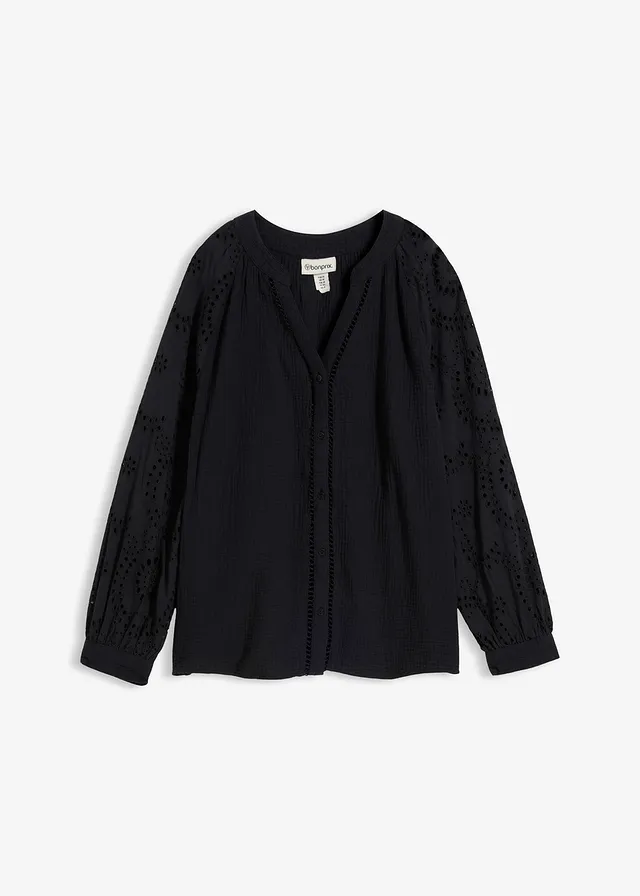 Blouse longue en gaze de coton légère • noir • Boutique bonprix