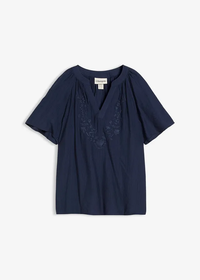 Blouse met korte mouwen van gestructureerde crinkle • donkerblauw • bonprix online shop