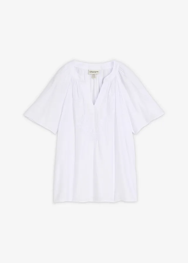 Blouse met korte mouwen van gestructureerde crinkle, Kleur: wit