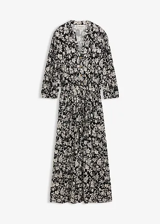 Jersey jurk in een viscosemix, Kleur: zwart/wolwit gebloemd