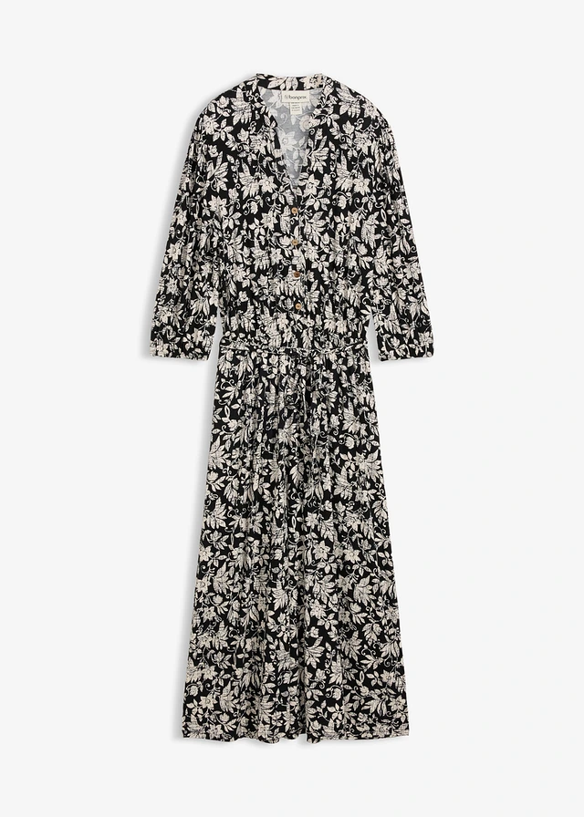 Rochie din jerse din amestec cu viscoză • negru-ecru floral • magazin bonprix