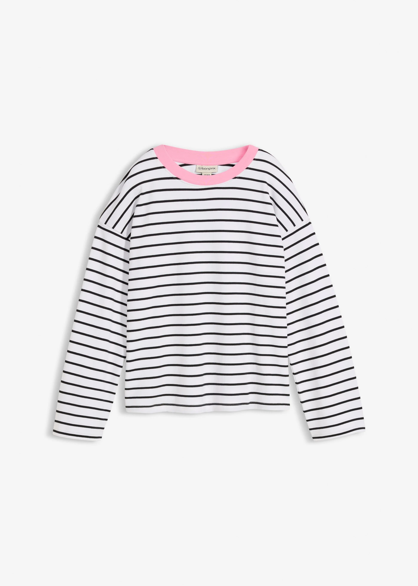 Bő, hosszú ujjú póló tiszta bio-pamutból • fehér-fekete-rózsaszín csíkos • bonprix áruház