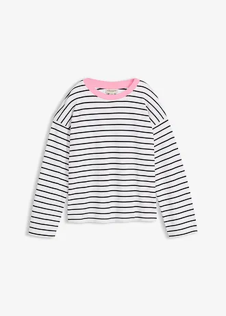 Bluză oversized cu mâneci lungi din bumbac organic 100% • alb-negru-roz dungat • magazin bonprix