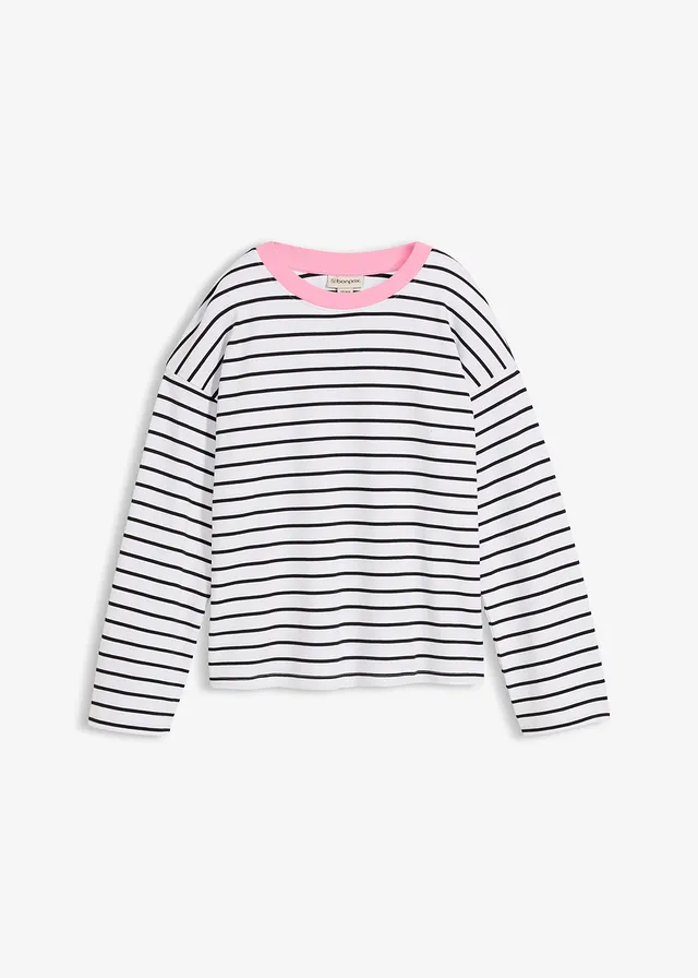 Bluzka oversize z długim rękawem z czystej bawełny organicznej • biały/czarny/jasnoróżowy w paski • sklep bonprix