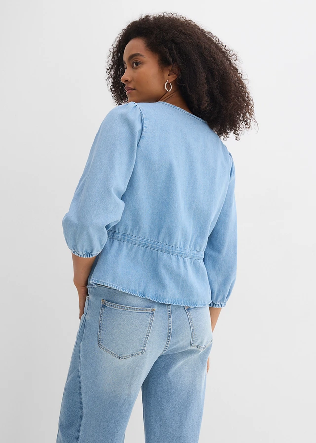 Bluzka jeansowa z rękawami bufkami, bawełna • jasnoniebieski denim • sklep bonprix