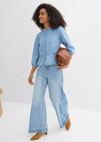 Chemisier en jean à manches bouffantes, coton, Couleur: bleu clair denim