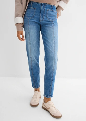 Mom-farmer, High Waist, rövidített • középkék denim, használt hatású • bonprix áruház
