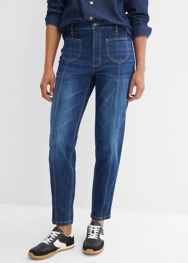 Dżinsy o kroju mom, high waist, o skróconej długości • granatowy denim used • sklep bonprix