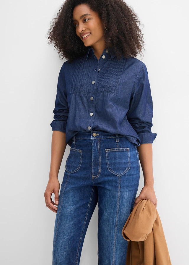 Dżinsy o kroju mom, high waist, o skróconej długości • granatowy denim used • sklep bonprix