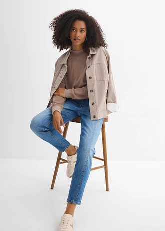 Blugi mom cu talie înaltă, cropped • albastru mediu denim uzat • magazin bonprix