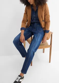 Dżinsy o kroju mom, high waist, o skróconej długości • granatowy denim used • sklep bonprix