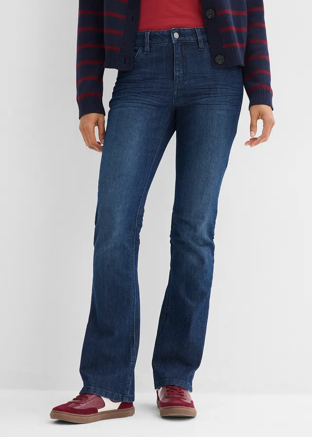 Jean bootcut taille mi-haute, extensible, Couleur: bleu foncé denim used