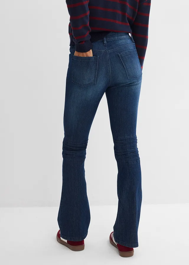 Jean bootcut taille mi-haute, extensible, Couleur: bleu foncé denim used