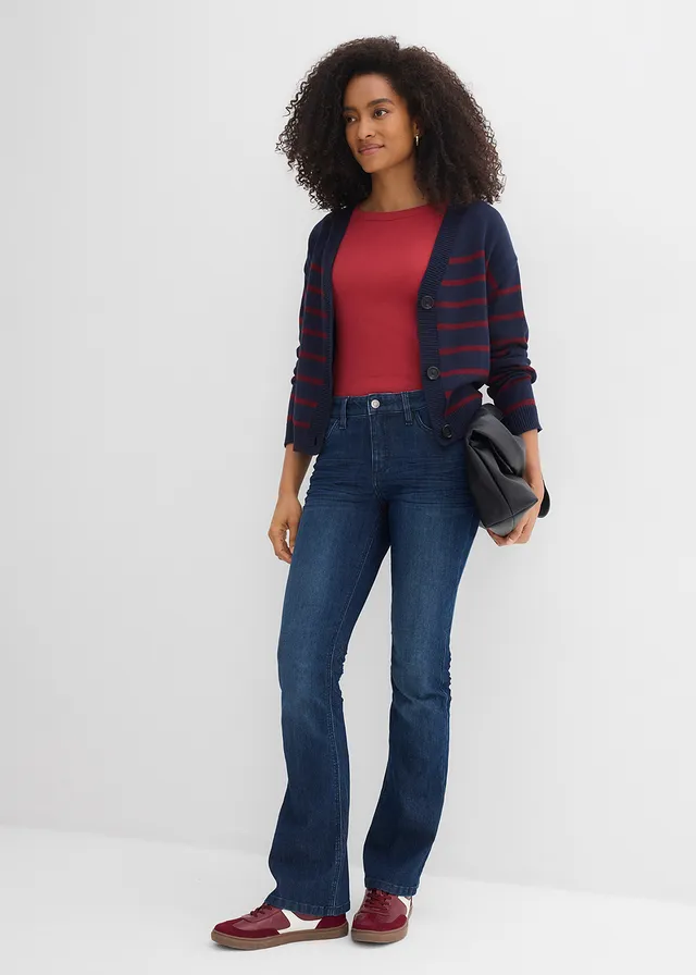 Jean bootcut taille mi-haute, extensible, Couleur: bleu foncé denim used