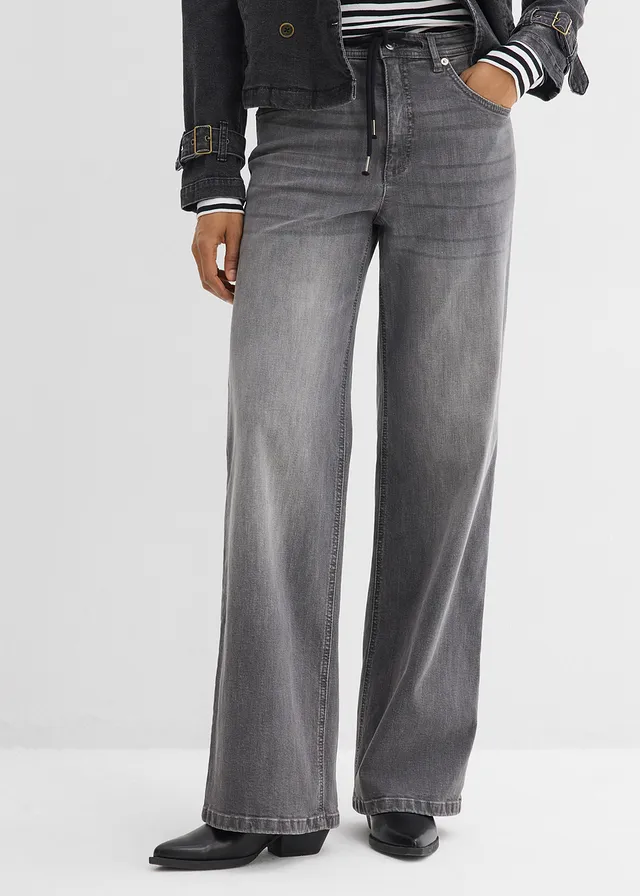 Luźne jeansy, high waist • szary denim used • sklep bonprix