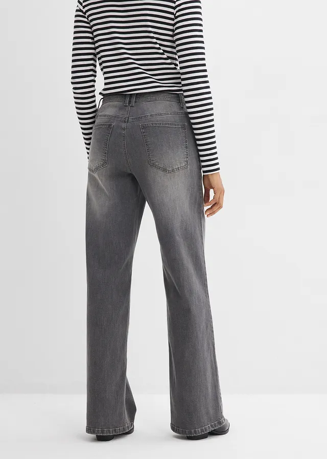 Jean droit loose, taille haute, Couleur: gris denim used