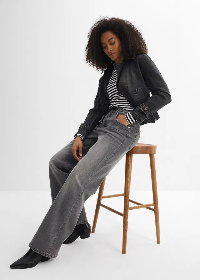 Loose Straight farmer, High Waist • szürke denim, használt hatású • bonprix áruház