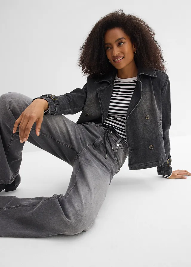 Luźne jeansy, high waist • szary denim used • sklep bonprix