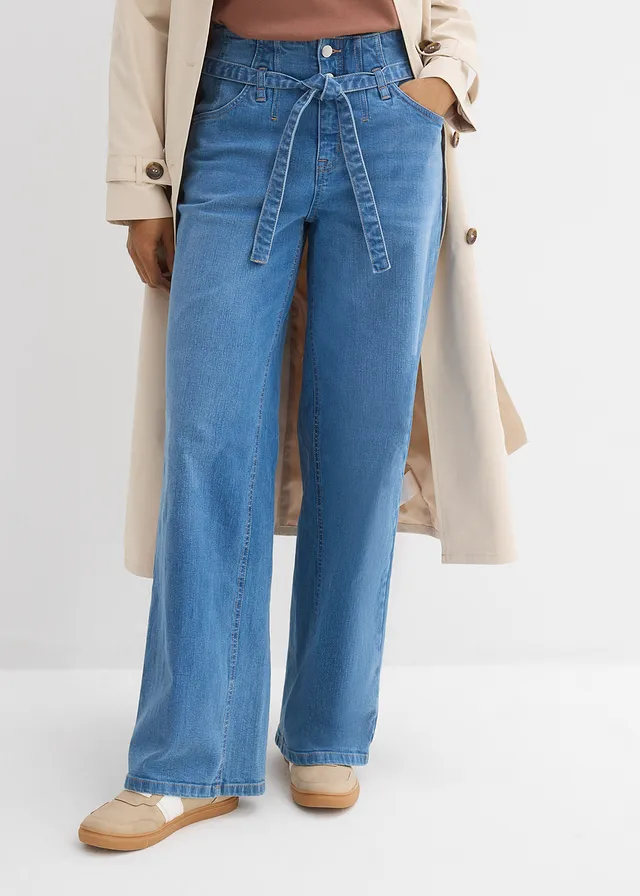 Wide leg jeans, high waist, biologisch katoen, Kleur: lichtblauw denim used