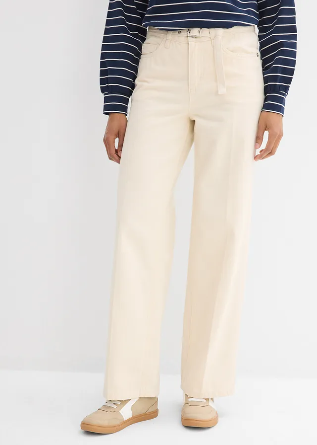 Loose straight jeans, mid waist van katoen, Kleur: ongeverfd