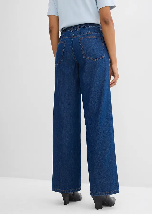 Loose straight jeans, mid waist van katoen, Kleur: diepblauw denim ongewassen