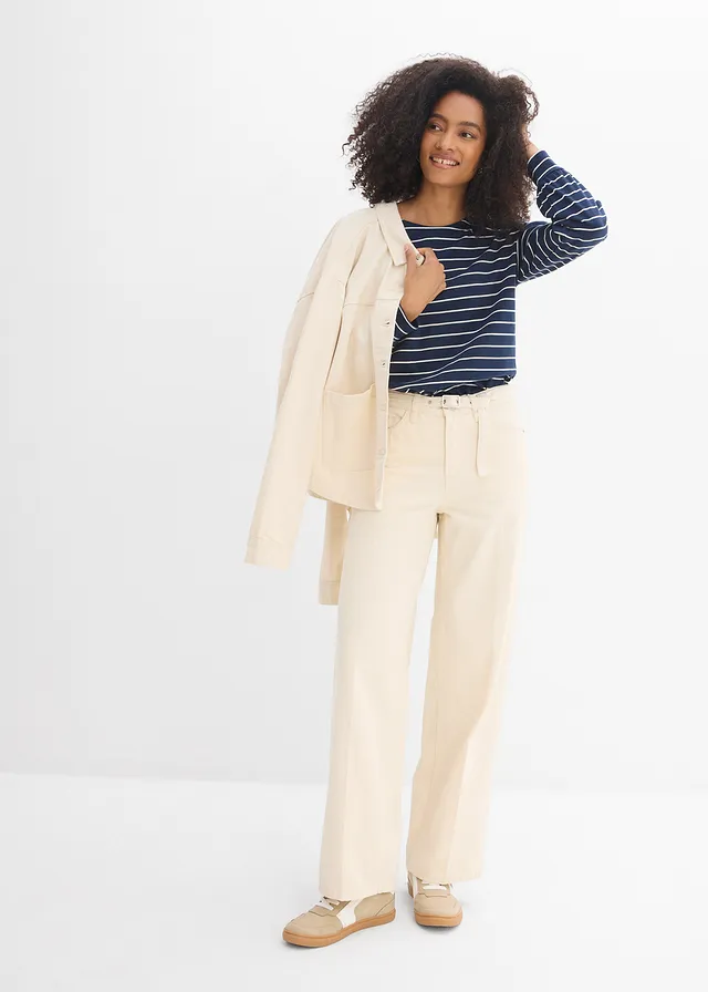 Jean droit et loose, taille mi-haute, coton, Couleur: non teint