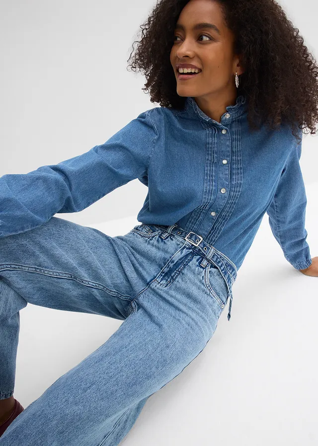 Jean droit et loose, taille mi-haute, coton • bleu clair denim used • product-page.page-title-suffix