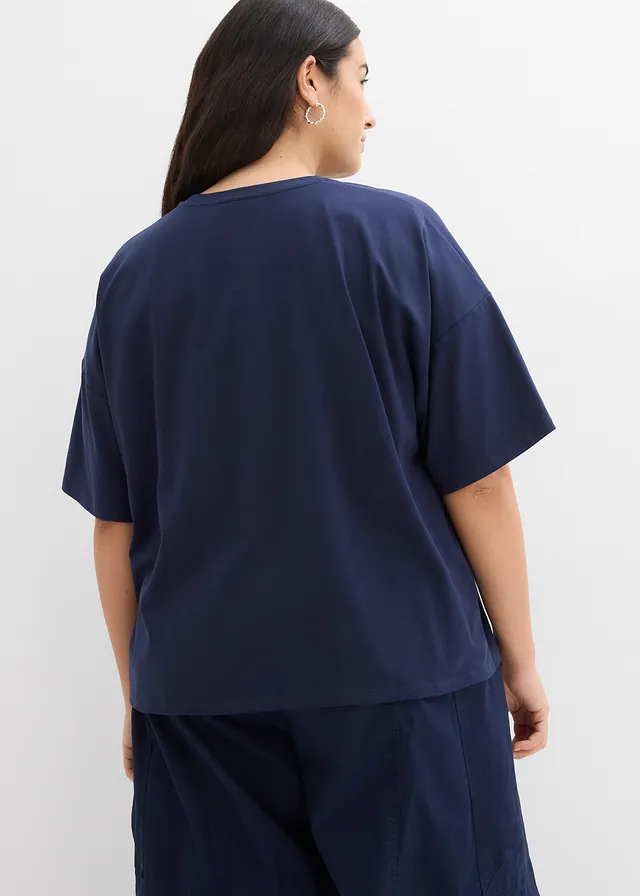 T-shirt en coton extensible, Couleur: bleu foncé/blanc imprimé