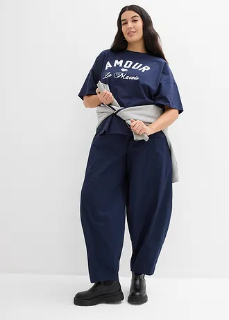 T-shirt in een elastische, biologische katoenmix, Kleur: donkerblauw/wit met print