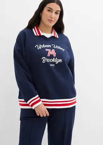 Oversized sweater van puur biologisch katoen, Kleur: donkerblauw-wit-aardbeirood met print