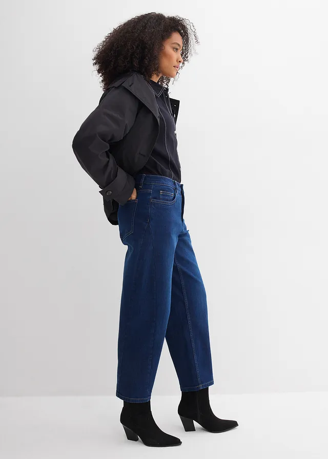 Džíny Barrel, Mid Waist, organická bavlna, barva: tmavě modrý denim used