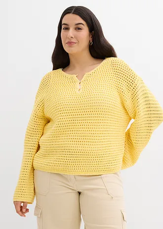 Oversized ajour trui van katoen, Kleur: lichtgeel