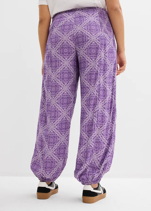 Pantalon ballon en viscose fluide, Couleur: violet foncé-mauve mat graphique