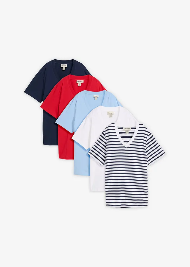 Wijd longshirt met V-hals, korte mouw  (set van 5) • wit/donkerblauw gestreept+lavarood+lichtblauw • bonprix online shop
