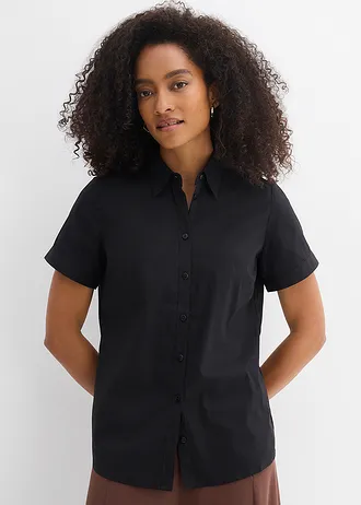 Chemisier manches courtes extensible en coton majoritaire • noir • Boutique bonprix