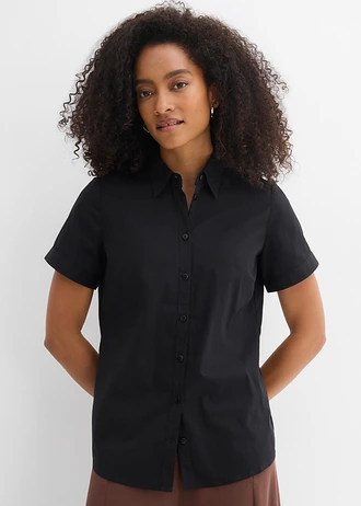 Getailleerde stretch blouse met korte mouwen van een katoenmix • zwart • bonprix online shop