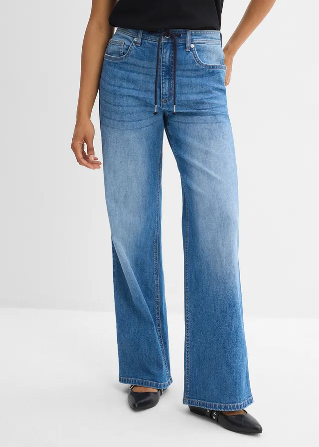 Blugi drepți Loose, High Waist • albastru mediu denim uzat • magazin bonprix