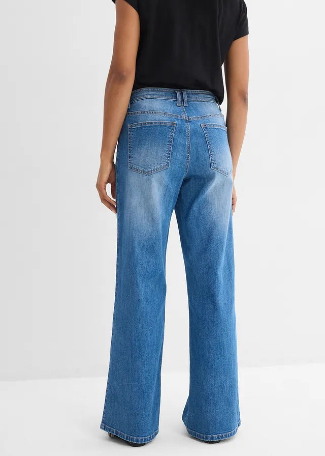 Blugi drepți Loose, High Waist • albastru mediu denim uzat • magazin bonprix