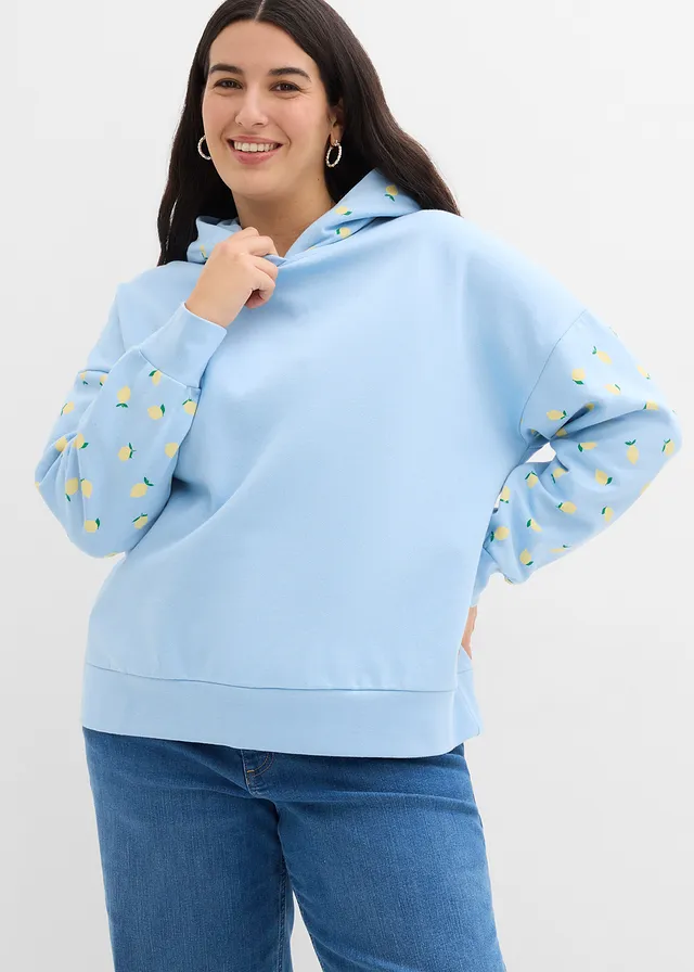 Wijde hoodie van biologisch katoen, Kleur: lichtblauw-lichtgeel met print