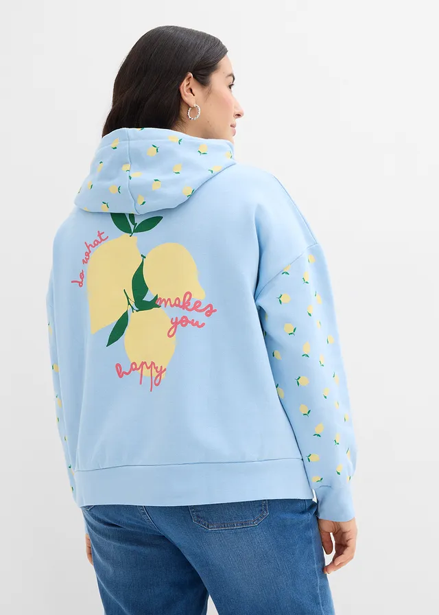Wijde hoodie van biologisch katoen, Kleur: lichtblauw-lichtgeel met print